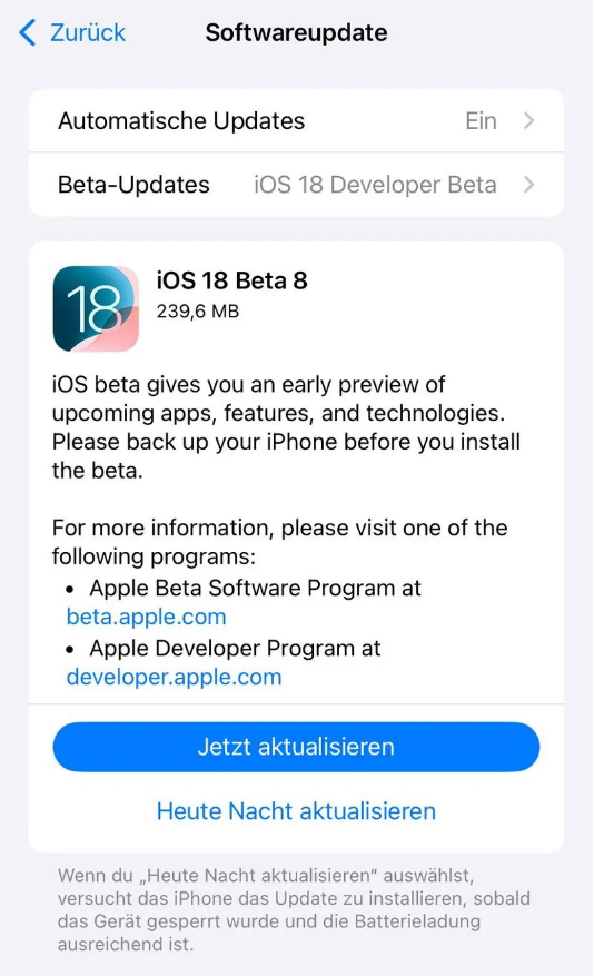 崇信苹果手机维修分享苹果 iOS / iPadOS 18 开发者预览版 Beta 8 发布 